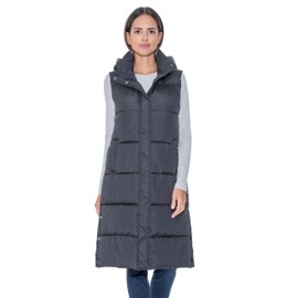 S.E.B Women's Long Puffer Vest, Hooded Faux Down Sleeveless Puffy Vest for Winter (US, Alpha, Small, Regular, Regular, Black)