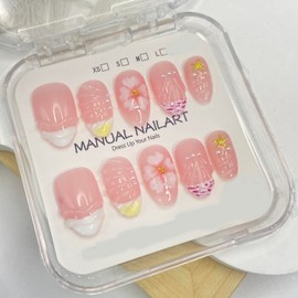 Flower Press on Nails French Tip False Nails with 3D Star Designs Handmade Press on Nails Short Almond Shaped Fake Nails Glossy Full Cover Artificial Acrylic Nails for Women (Size S)