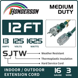 HONDERSON Indoor Outdoor Extension Cord Weatherproof with Lighted End, UL Listed, 16 Gauge 12FT Green 3 Prong Heavy Duty Extension Cord, 16/3 SJTW 13A Power Extension Cord for Outdoor Lights, Lawn