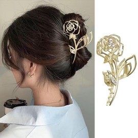 FRUZJAY Gold Rose Hair Clips Flower Hair Claw Clips Large Metal Hair Jaw Claw Rose Flower Hair Clip Rhinestone Flower Hair Clamps Strong Hold Hair Catch Barrette Fashion Hair Accessories for Women