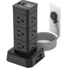 10Ft Tower Power Bars with Surge Protector, 12 Widely Outlets 4 USB (2 USB C) Desktop Charging Station, Black Flat Plug Extension Cord with Multiple Outlets, Home Office College Dorm Essentials