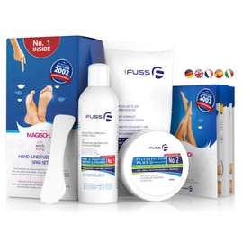 Mr. Fuss® No. 1 Advanced Pack Basic Small Cuticle Callus Remover Economy Pack 4 Pieces Active Solution Quick & Strong Softening 200 ml Balm No. 2-100 ml Cotton Wool Scraper