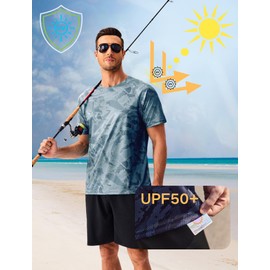 PINSPARK Men's Rash Guard Shirt UPF50+ Printed T-Shirts Quick Dry Athletic Performance Shirts for Men Surf Fishing Hiking Navy Blue