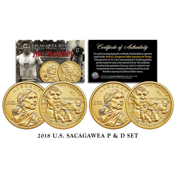 2018 US Mint Native American Jim Thorpe $1 Dollar Sacagawea 2-Coin Set Both P&D