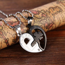 Cupimatch Jewellery 2 Piece Stainless Steel Lock and key Heart Shaped Love Pendant Necklaces Gifts for Couples, Chain Included