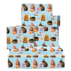 Cute Animal Wrapping Paper - Hamster, Birthday Hat, Food Theme - 6 Sheets of Giftwrap for All Ages Family Friends - All Occasion Birthday - Comes With Stickers by Central 23