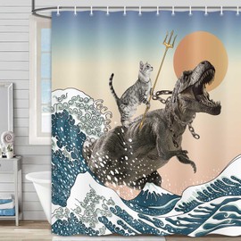MCKTOM Funny Shower Curtain Cat Dinosaur Japanese Ocean Wave Shower Curtain Set with Hooks for Bathroom Decor Rustic Fun Nautical Waterproof Fabric Sets 72 x 72 Inch