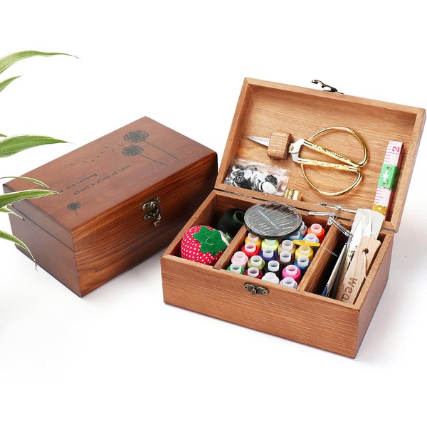 Joyeee Wooden Sewing Kit - Premium Sewing Suit Box with Complete Sewing Accessories for Repairing Clothes, DIY Hobby Household Sewing Tools for Grandma Mother Girls Beginners, Portable for Travel and