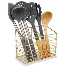 Jeasor Utensil Holder for Kitchen Counter, Metal Utensil Holder Rack for Kitchen Countertop, Cooking Tools Storage for Spatula, Utensil Organizer with Sturdy Base, and Drainage Hole (Gold Marble)
