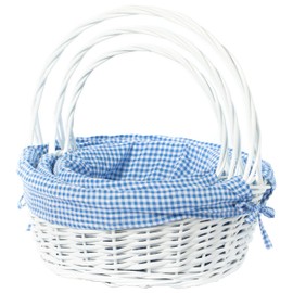 White Round Willow Gift Basket, with Blue Gingham Liner and Handle- Set of 3