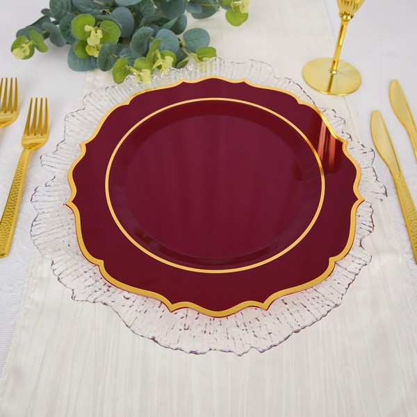 Efavormart 10 Pack | 10" Burgundy Plastic Dinner Plates Disposable Tableware Round with Gold Scalloped Rim