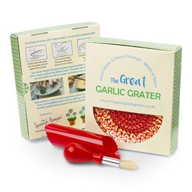 Garlic Grater Plate Set with Brush and Peeler. (#Ref 13). Handmade and Hand Painted in Cordoba, Spain. Orange with red Rim and Circle. Moroccan red Pattern.