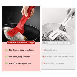 Silicone Cooking Tongs, Premium Stainless Steel Silicone Barbecue Clamp, Multipurpose BBQ Clamp Spatula for Gripper Bread Clip, Fried Steak Clamp, Flipping Fish, Toast Salad Tongs, Red（11 Inch）