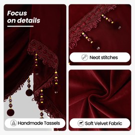 KNEOQIT Luxury Burgundy Red Velvet Curtain Valance, Soft Touch Rod Pocket Valance with Bead Tassels, Waterfall Valance for Bedroom, 59 Inch,1 Panel