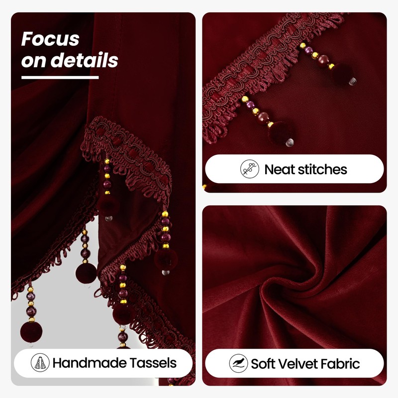 KNEOQIT Luxury Burgundy Red Velvet Curtain Valance, Soft Touch Rod