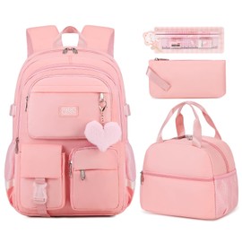 qodbopack 3PCS School Backpack For Student Women College Middle High Teen Girls Bookbag Waterproof Laptop Bag Pink