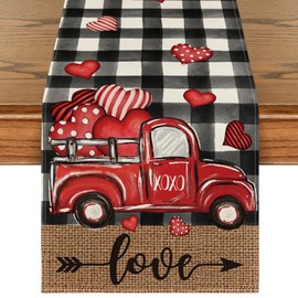 Artoid Mode Watercolor Buffalo Plaid Hearts Truck Love Valentine's Day Table Runner, Anniversary Wedding Kitchen Dining Table Decoration for Home Party Decor 13x60 Inch