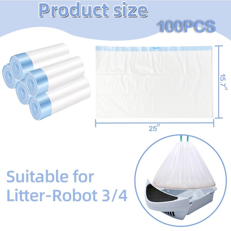 Ferypet 100 Packs Cat Litter Bags with Drawstring, Compatible with