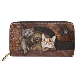 Dolyues Women Long PU Leather Multi Pocket Wallet Credit Card Slot Zipper Coin Purse for Women, Cat Family Print, Classic