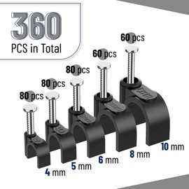 Bates- Cable Clips with Steel Nails, 360 pcs, Black, 4mm 5mm 6mm 8mm 10mm, Cord Clips for Wires on Wall, Cable Wall Clip, Wire Wall Clips, Cable Wire Clips, Coaxial Cable Clips, Cord Wall Clip