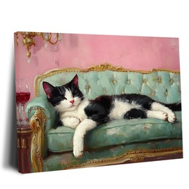 WOXZQ Canvas Wall Art, Vintage Decor, Cute Cat Lying on Couch Paintings, Apartment Pictures, Colourful Artwork, Warm Prints Cottagecore Office Living Room Bedroom 16 * 12 Inch