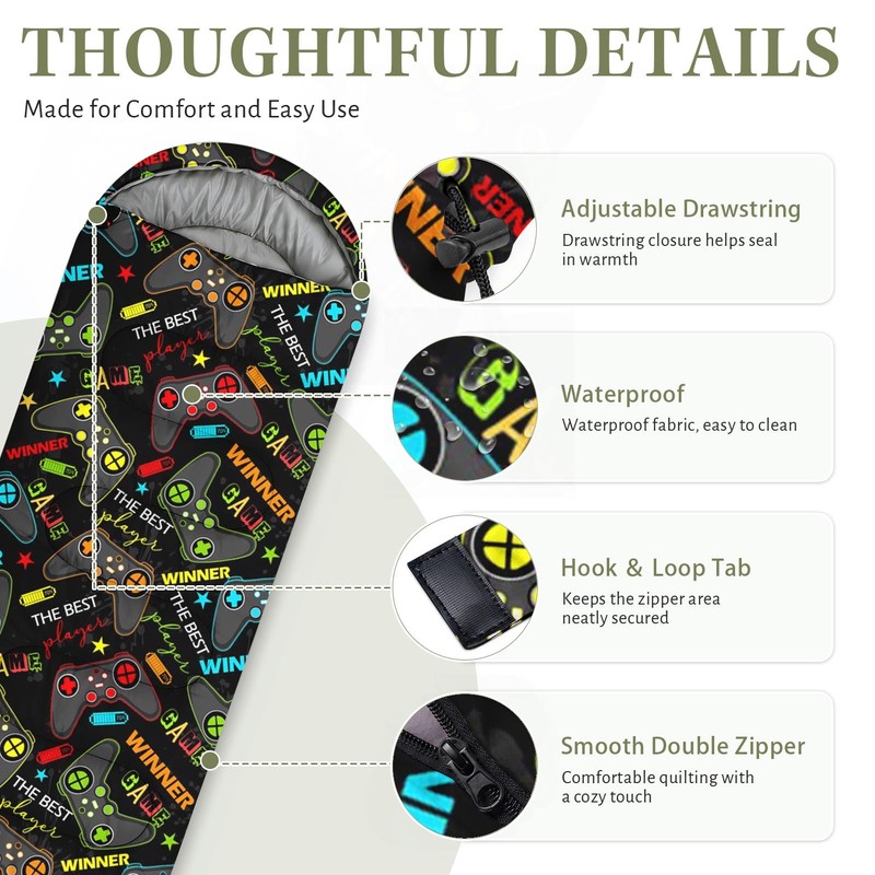 WeCozy Black Gaming Sleeping Bag for Kids, 3 Season Lightweight
