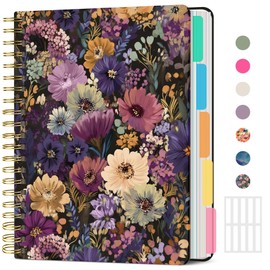 Large Spiral Lined Notebooks for Work With Removable Dividers & Tabs, 8.5"x11" Hardcover 5 Subject Notebook for Note Taking & Organizer, A4 College Ruled Journal for Women & Writing, Midnight Bloom, 280 Pages