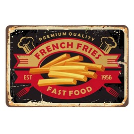 AOYEGO French Fries Tin Sign,Fast Food Fork Ribbon Rust Oval Striped Vintage Metal Tin Signs for Cafes Bars Pubs Shop Wall Decorative Funny Retro Signs for Men Women 8x12 Inch