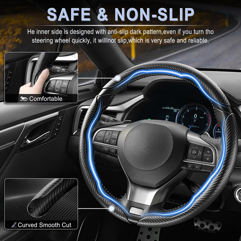 Amiss 3pcs Carbon Fiber Anti-Skid Steering Wheel Cover, Waterproof &