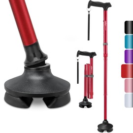 Rehaescort Walking Cane for Men & Women - Folding, Adjustable, Lightweight, Walking Canes for Seniors Balance, Free Standing, Pivot Tip, Soft Handle, Foldable Walking Sticks with Travel Bag (Red)