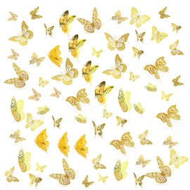 cpqakb 3D Butterfly Wall Decor 48 Pcs 4 Styles 3 Sizes, Gold Butterfly Decoration for Birthday,Party, Removable Wall Stickers Interior Decoración Kids Nursery Classroom Wedding Decor (Gold 48 Pcs)