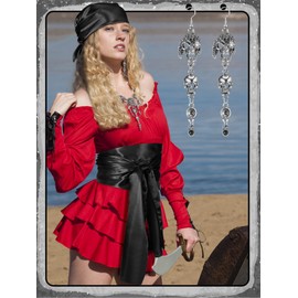 Fourluoo 4 Pieces Pirate Costume Women Pirate Hat Pirate Head Scarf Pirate Sash Belt Necklace Earrings Pirate Accessories(Black,Large)