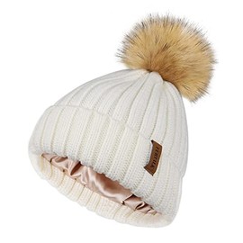 FURTALK Womens Beanie Satin Lined Knitted Beanie with Pom Winter Hats for Women (White)