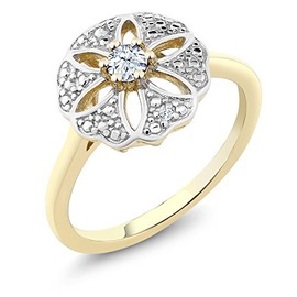 Gem Stone King 18K Yellow Gold Plated Silver White Created Sapphire and I Diamond Engagement Ring For Women | 0.13 Cttw | Round 3MM | Gemstone September Birthstone | Size 9