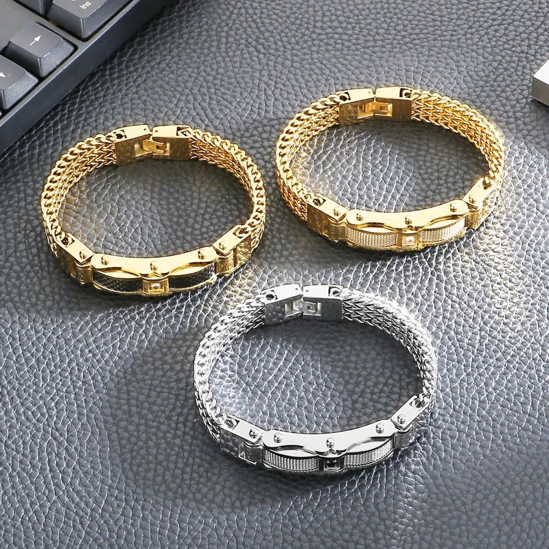 Klapgo Gold Stainless Steel Bracelet for Men with Cubic Zirconia,