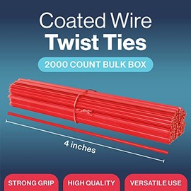 Lazos rojos para bolsas | Paquete de 2000 unidades con caja dispensadora | Bridas de alambre recubiertas de 4 pulgadas reutilizables para bolsas de plástico