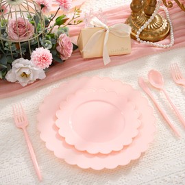 WONDERFUL 150 Pcs Pink Plates Disposable Heavy Duty Plastic Dinnerware Set Disposable Plates and Utensils Set Plastic Plates for Wedding & Bridal Shower Pink Party Decorations Suitable for 30 Guests