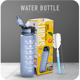 K-MART Sports Water Bottle with Straw and Time Marking, and 32OZ Capacity - Motivational and Eco-Friendly BPA-Free Bottle for Running, Gym, Yoga, Outdoors, and Camping (Style-1, Grey)