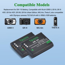 Tectra 3-Pack DB-110 Battery and LED Dual Charger for Ricoh GR III, GR IIIx, Theta X, WG-6, G900, G900 II, G900SE II Digital Cameras as LI-92B/LI-90B