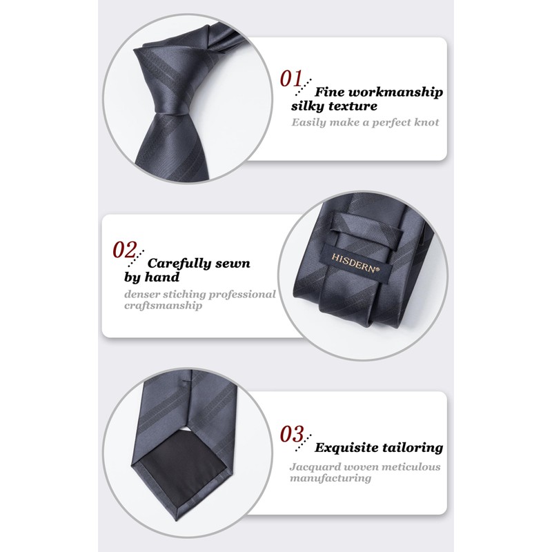 HISDERN Mens Grey Tie and Pocket Square Set Classic Formal