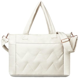 Tote Bag for Women, Lightweight Puffy Tote Bag with Compartments, Large Quilted Shoulder Bag with Zipper for Travel, Gym, Beige, Large