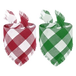 Christmas Dog Bandanas with Tassels Edges, Classic Plaid Dog Scarf Triangle Bibs Kerchief, Premium Cotton Fabric, Double Layer Christmas Dog Bandana 2 Packs for Small Medium Large Dogs Pets