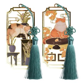 WANDIC 2 PCS Thin Metal Hollow Bookmark, Vintage Cat Bookmark with Tassels Novelty Ginkgo Orchid Metal Bookmarks for Adults Friends Teacher Book Lovers