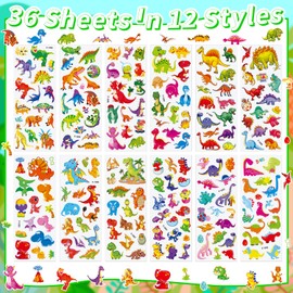 36 Sheets Dinosaur Stickers for Kids - 900+ 3D Puffy Stickers Prehistoric Theme | T-Rex, Stegosaurus, Volcano | Reusable, Waterproof | Crafts, Scrapbooking, Party Favors
