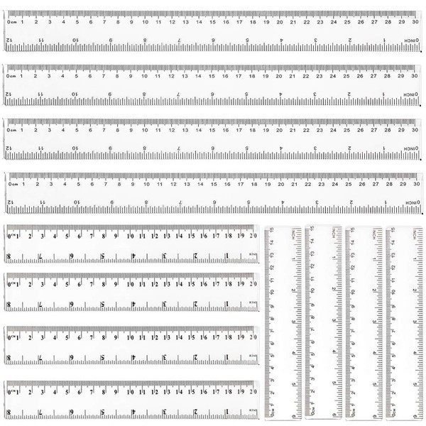 12 PCS Plastic Ruler Set, Clear Ruler Transparent Straight Ruler