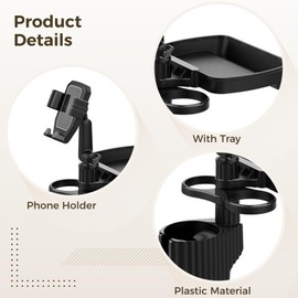 6-in-1 Car Cup Holder Expander with Tray & Phone Mount, Car Food Tray with 360° Rotation Adjustable Base, Car Cup Holder, Ideal for Drinks, Snacks, Foods