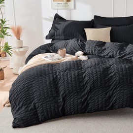 HYMOKEGE Black Full Size Comforter Sets Seersucker 7 Pieces, All Season Luxury Bed in a Bag for Bedroom, Bedding Set with Comforters, Sheets, Pillowcases & Shams
