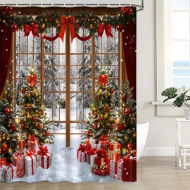 KDYDK Christmas Shower Curtain Winter Snow Window Scene 70" L x 70" W
