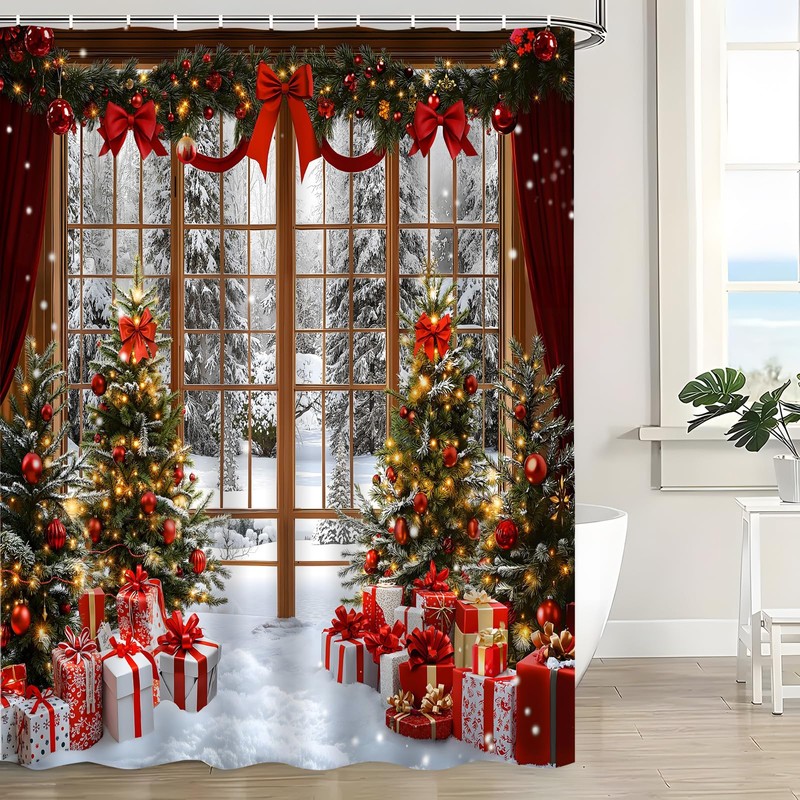KDYDK Christmas Shower Curtain Winter Snow Window Scene 70" L