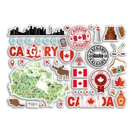 A5 Sticker Sheet Calgary Landmarks Vinyl Stickers - Canada Canadian Stamps Skyline Flag Travel Holiday Map City Scrapbook Aesthetic #80505